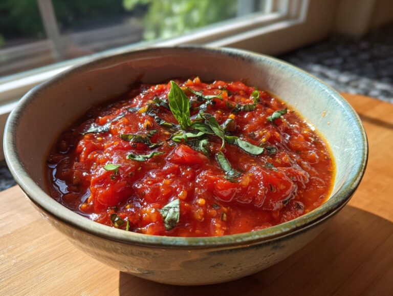 A bowl of vibrant, homemade roasted tomato sauce garnished with fresh basil leaves.