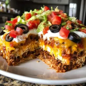 A tempting view of a cut Seven-layer taco dip, showcasing all the layers of beef, cheese, and toppings.