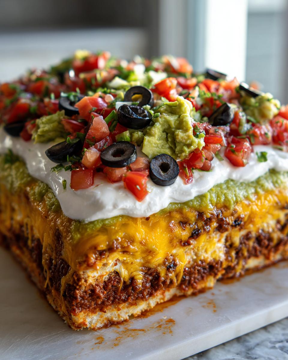 Close-up of a layered seven-layer taco dip with ground beef, cheese, guacamole, sour cream, and toppings.