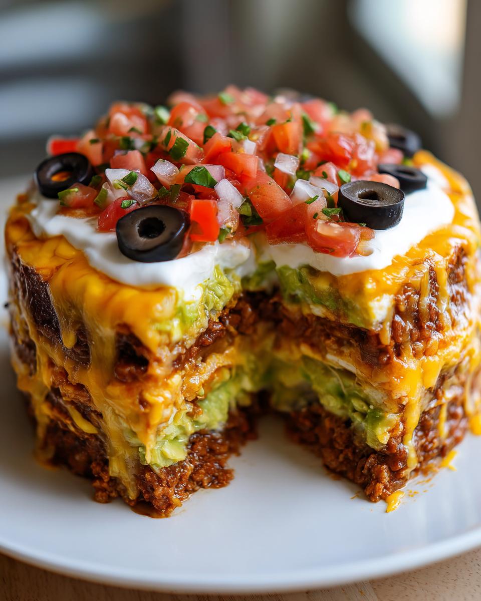 A colorful seven-layer taco dip with ground beef, guacamole, cheese, sour cream, pico de gallo, and olives.