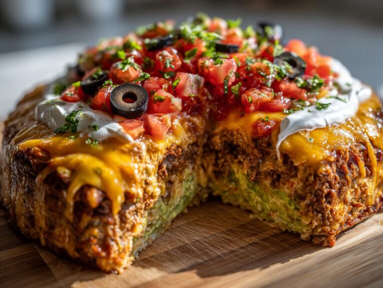 A vibrant seven-layer taco dip with guacamole, meat, cheese, sour cream, tomatoes, and olives, cut open to show the layers.