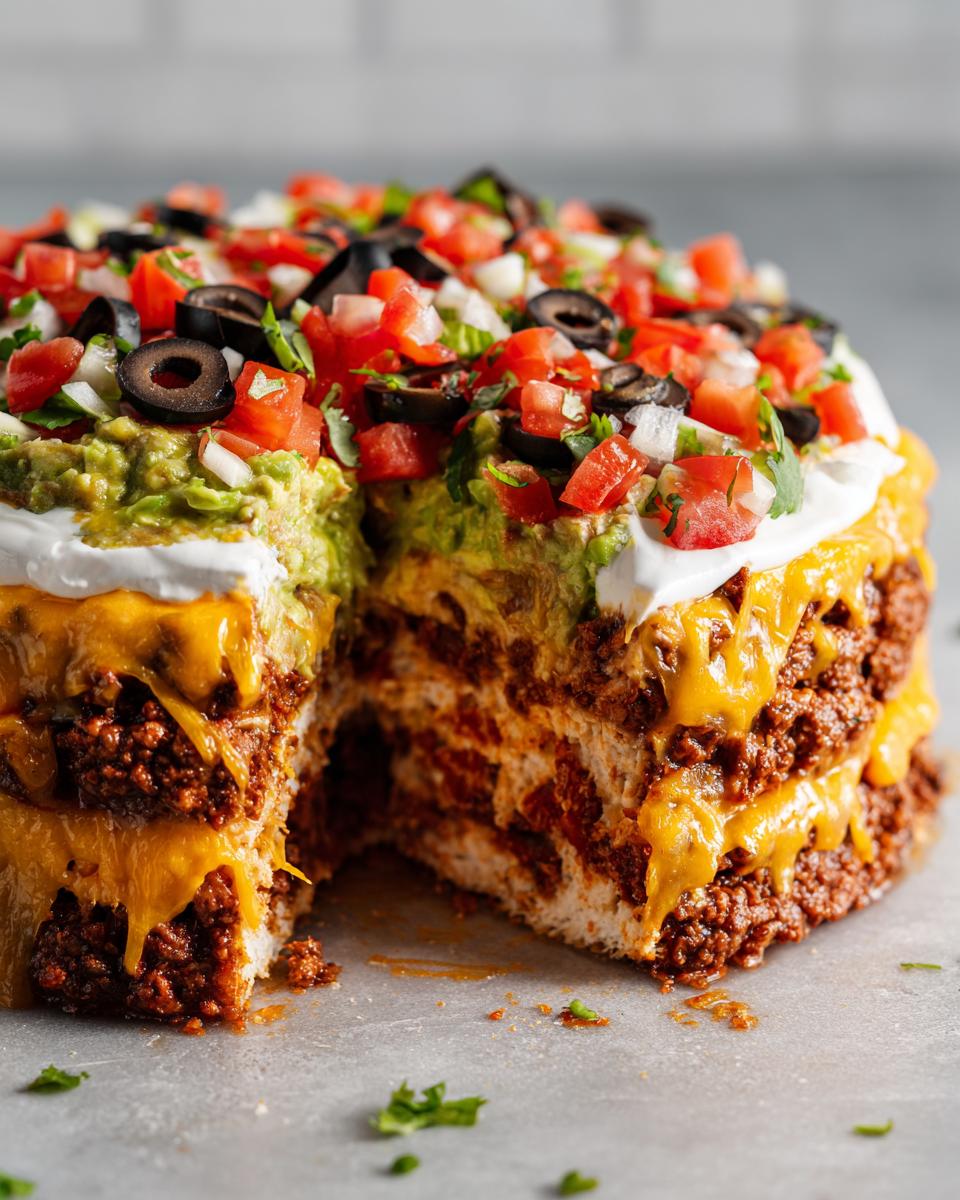 A layered seven-layer taco dip in the shape of a cake, with visible layers of meat, cheese, and toppings.