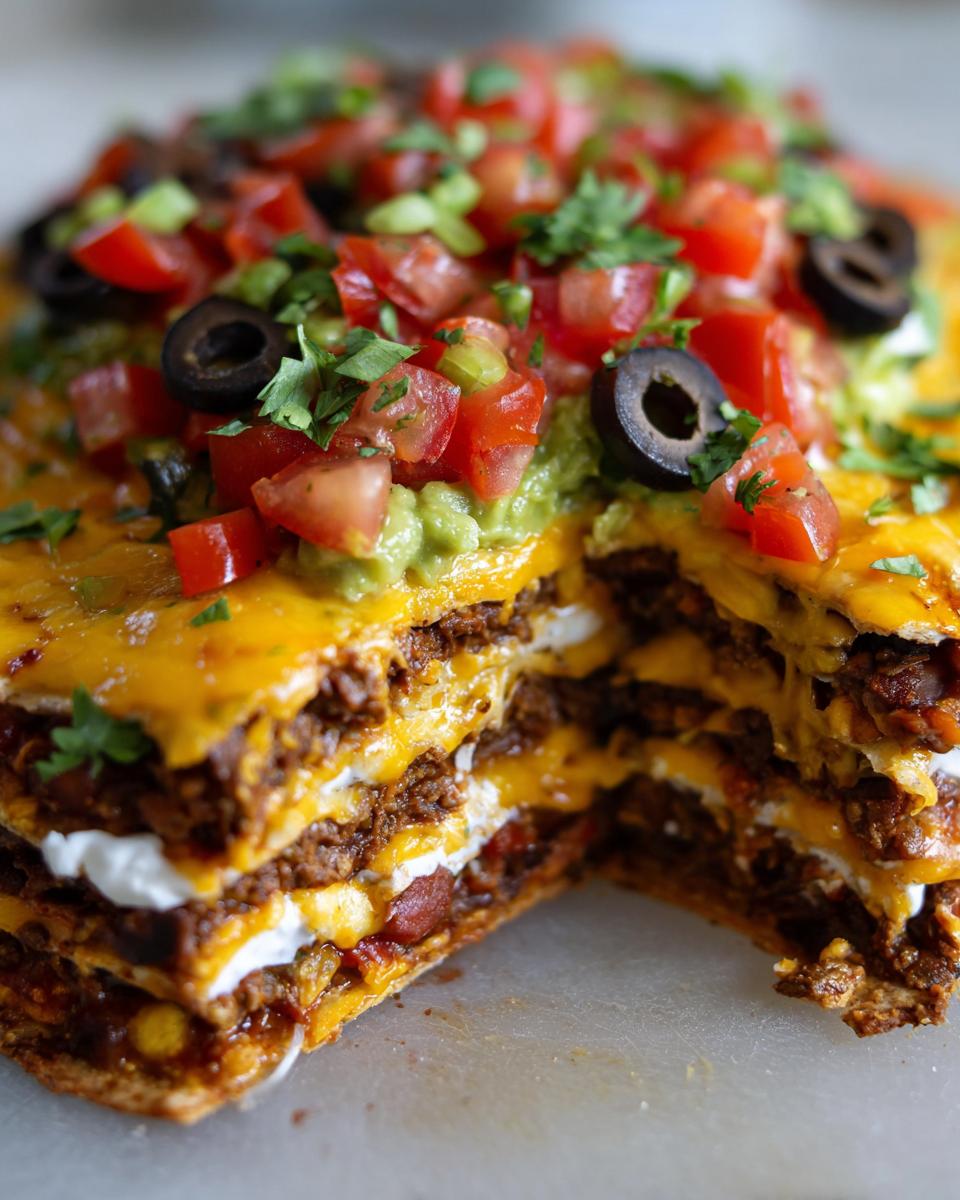 Close-up of a cut Seven-layer taco dip showing layers of toppings like guacamole, tomatoes, and olives.