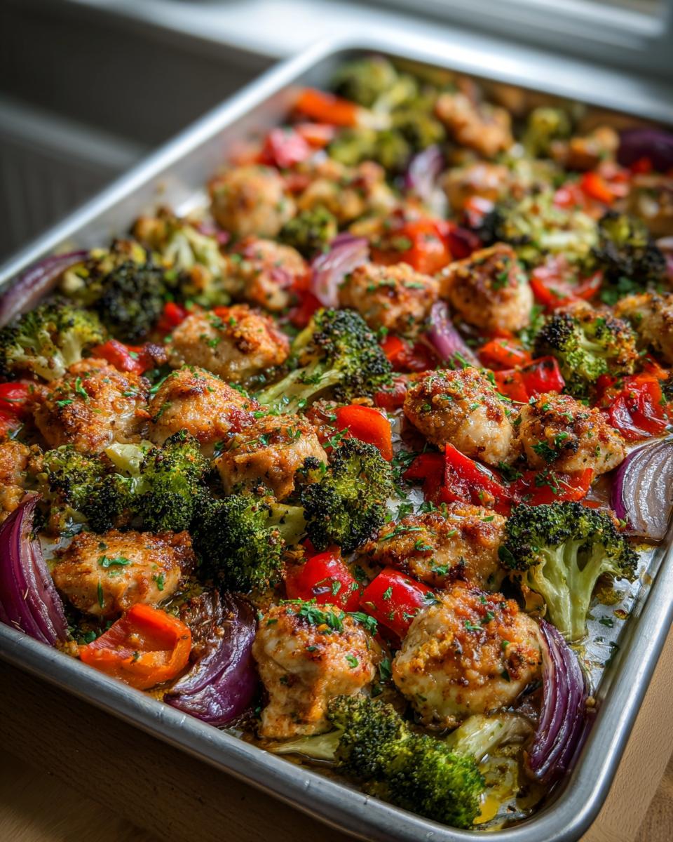 Overhead view of Sheet Pan Chicken and Vegetables, including broccoli, red pepper, and red onion.