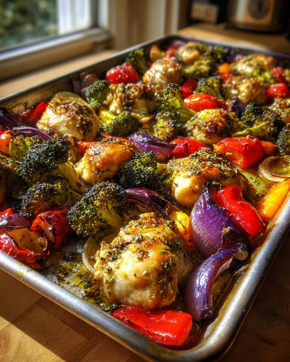 A sheet pan filled with roasted Sheet Pan Chicken and Vegetables, including chicken, broccoli, peppers, and onions.