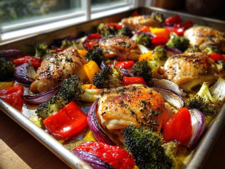A sheet pan filled with roasted Sheet Pan Chicken and Vegetables, including broccoli, peppers, and red onion.