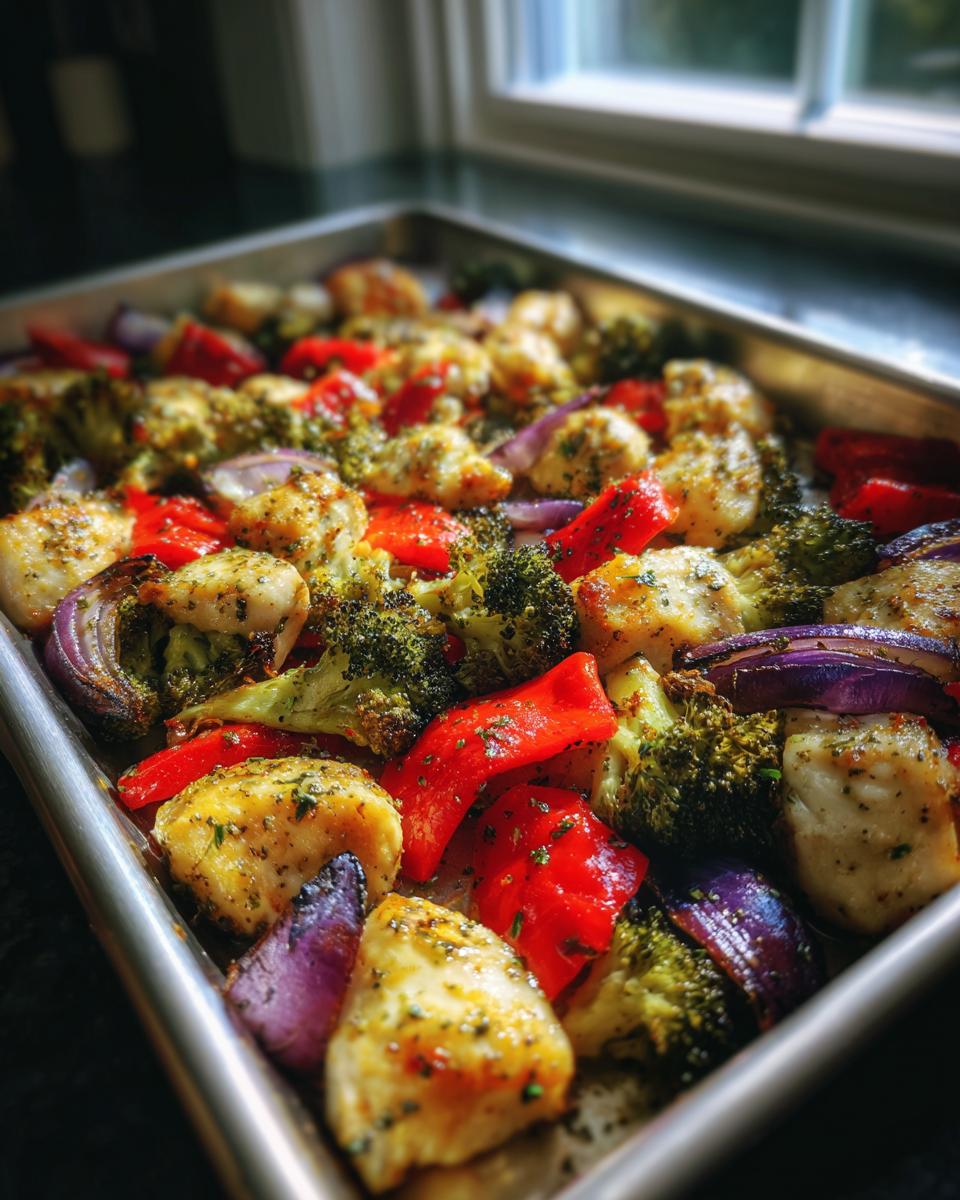 A sheet pan filled with roasted Sheet Pan Chicken and Vegetables, including broccoli, red peppers, and red onion.