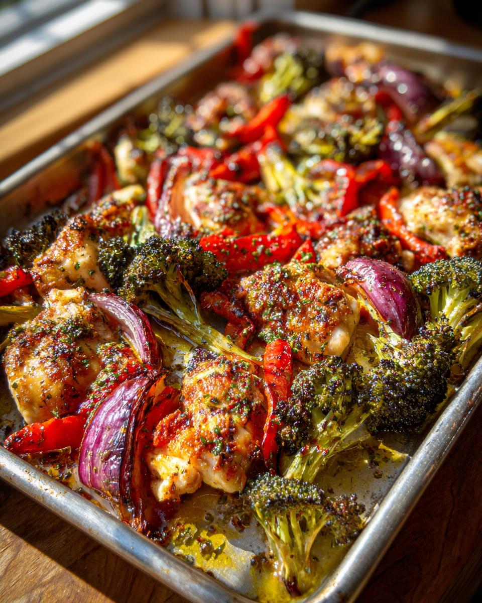 A sheet pan filled with roasted Sheet Pan Chicken and Vegetables, including broccoli, red peppers, and red onions.