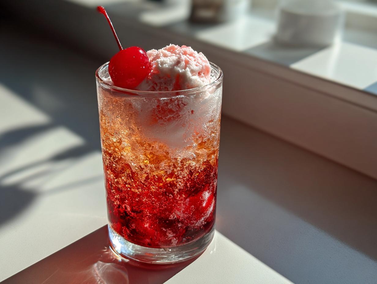 A vibrant Shirley Temple float in a glass, topped with a scoop of ice cream and a bright red cherry.