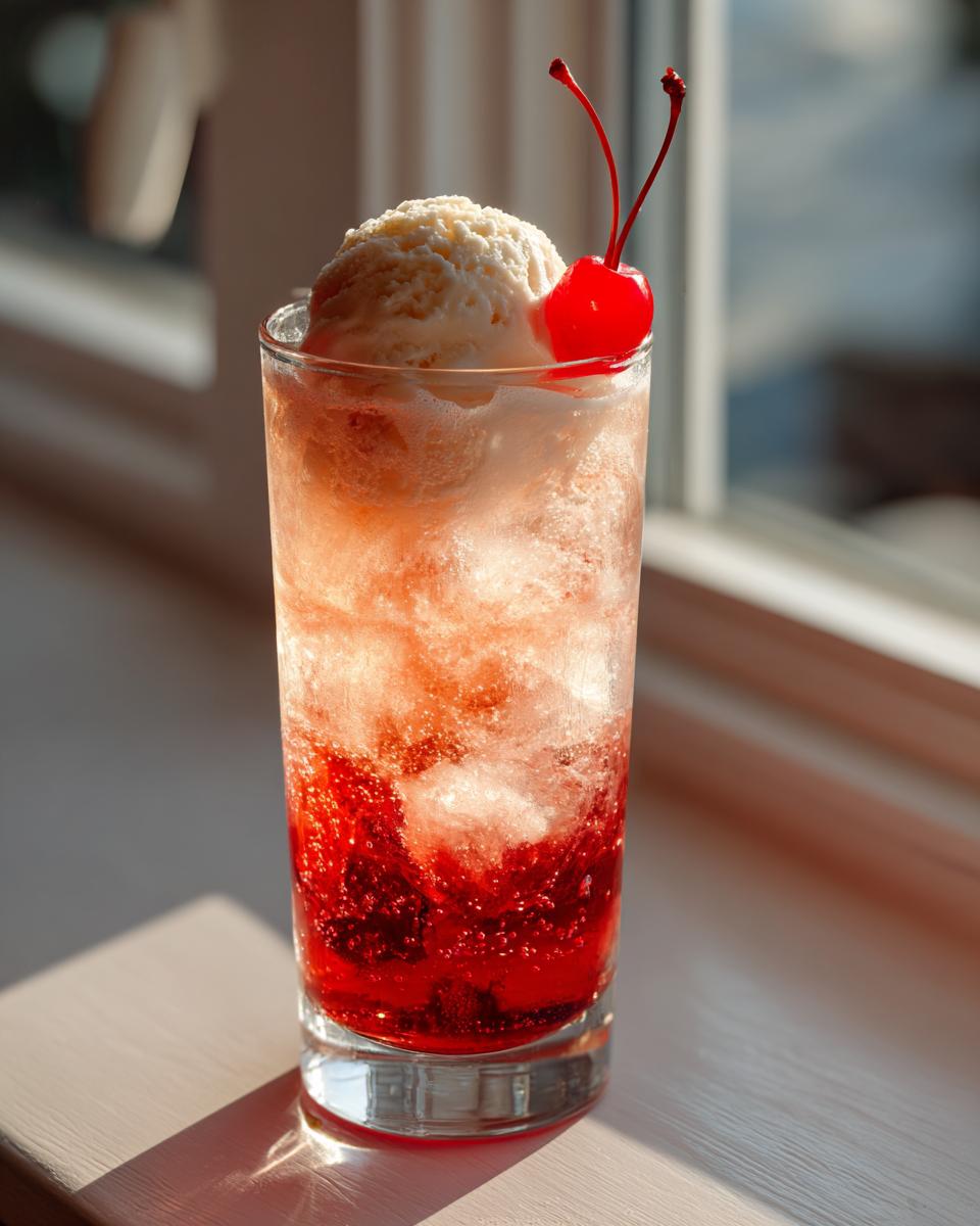 A bubbly Shirley Temple float in a glass with a scoop of ice cream and a cherry on top.
