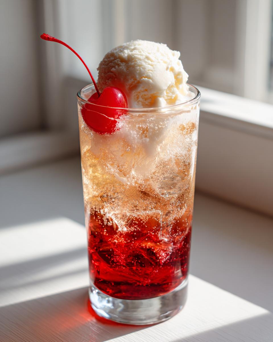 A tall glass of Shirley Temple float with grenadine, ginger ale, ice cream, and a cherry.