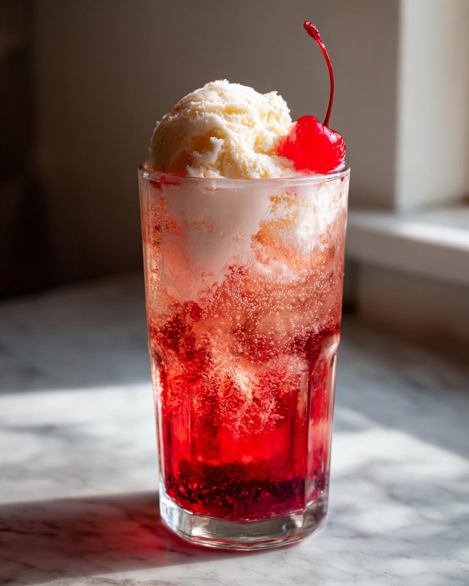 A tall glass of Shirley Temple float with a scoop of vanilla ice cream and a cherry on top.