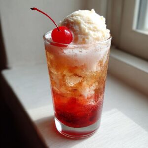 A refreshing Shirley Temple float with ice cream and a cherry on top, ready to enjoy.