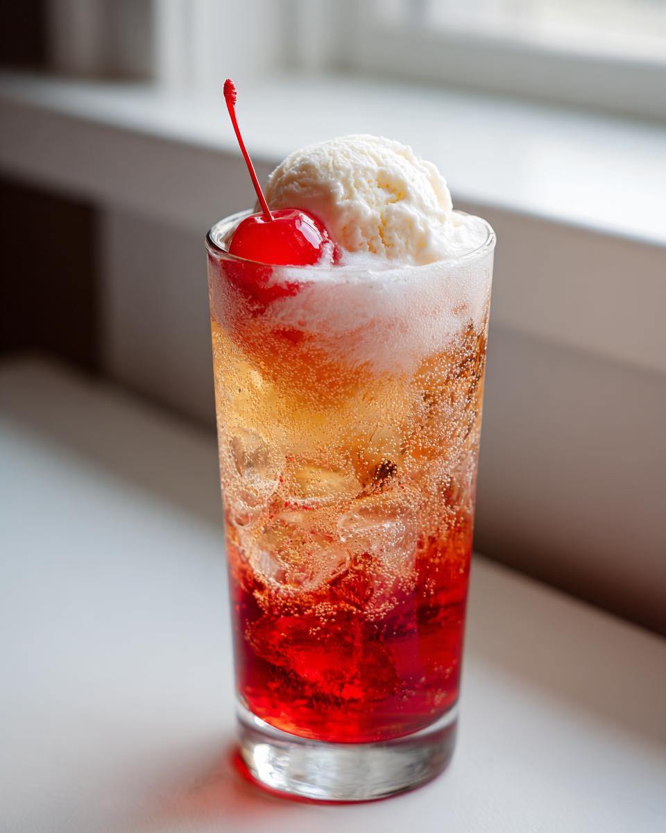 A tall glass of Shirley Temple float with ice cream and a cherry on top, ready to enjoy.