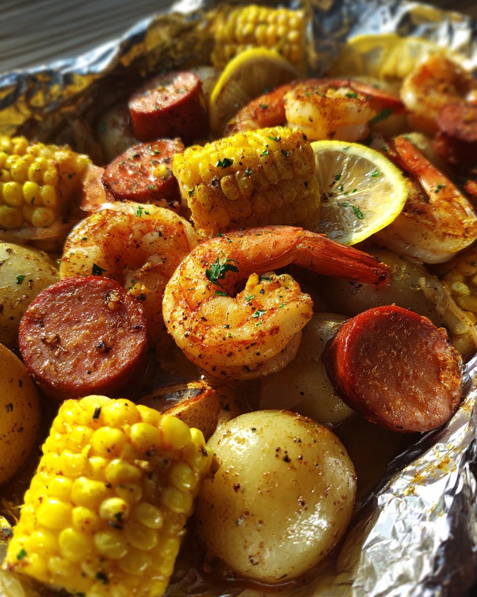 Close-up of a Shrimp boil foil packet with shrimp, sausage, corn, potatoes, and lemon.