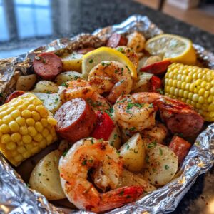 Savory shrimp boil foil packets with shrimp, sausage, corn, potatoes, and lemon in foil.