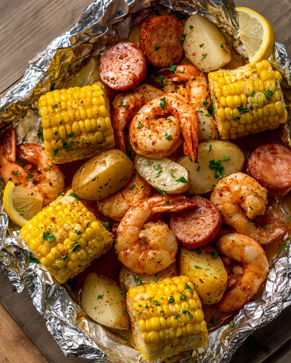 Overhead view of a shrimp boil foil packet with shrimp, corn, potatoes, and sausage.