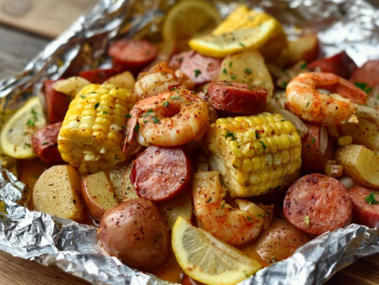 Close-up of a shrimp boil foil packet filled with shrimp, sausage, corn, and potatoes.