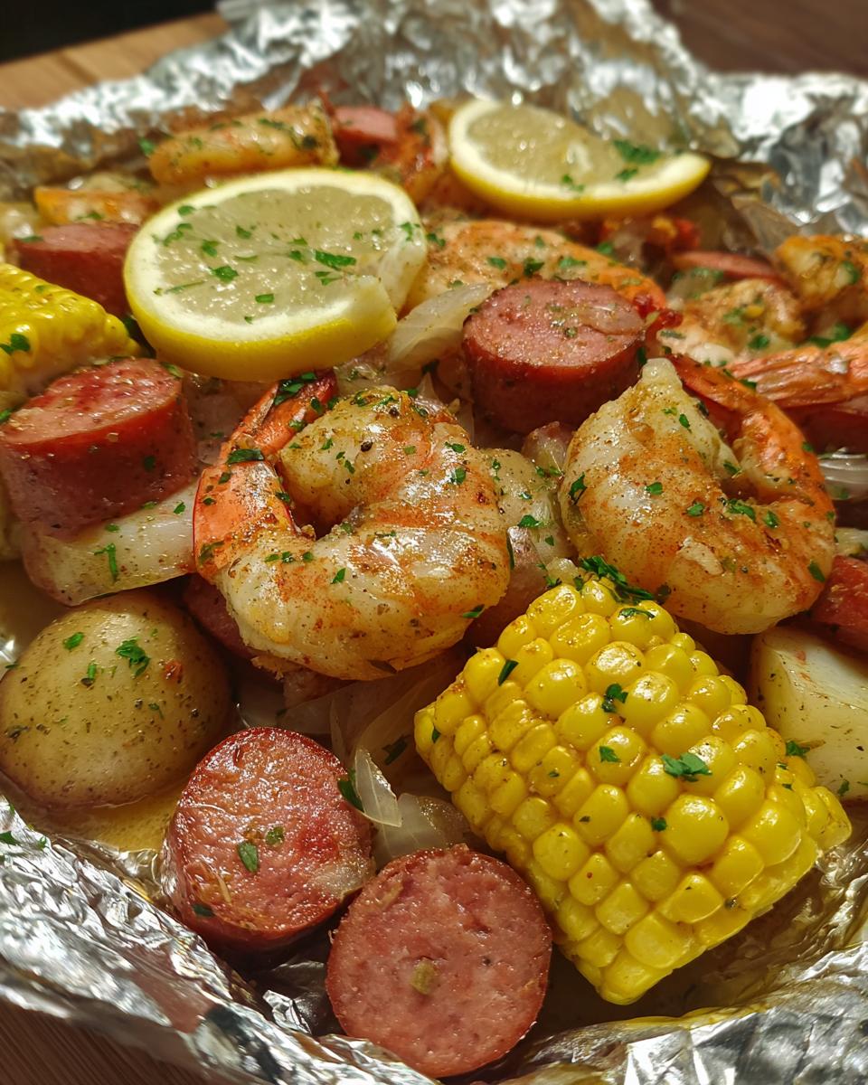 Close-up of a shrimp boil foil pack filled with shrimp, sausage, corn, potatoes, and lemon.