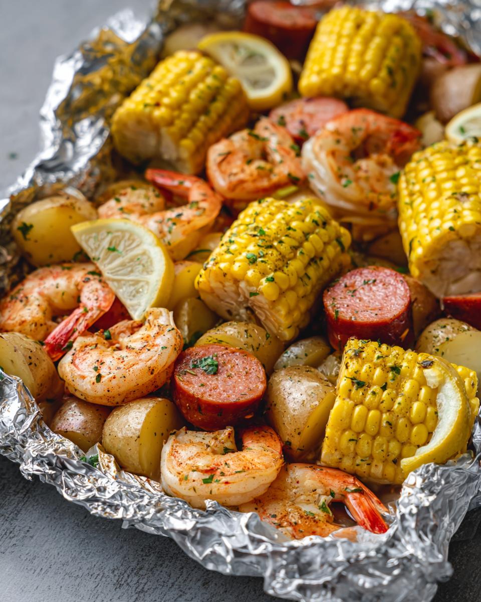 Close-up of a shrimp boil foil pack with shrimp, corn, sausage, potatoes, and lemon.