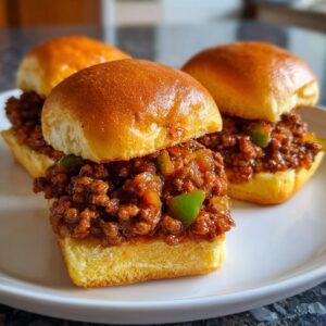 Three Sloppy Joe sliders with ground beef, peppers, and sauce on slider buns, served on a white plate.