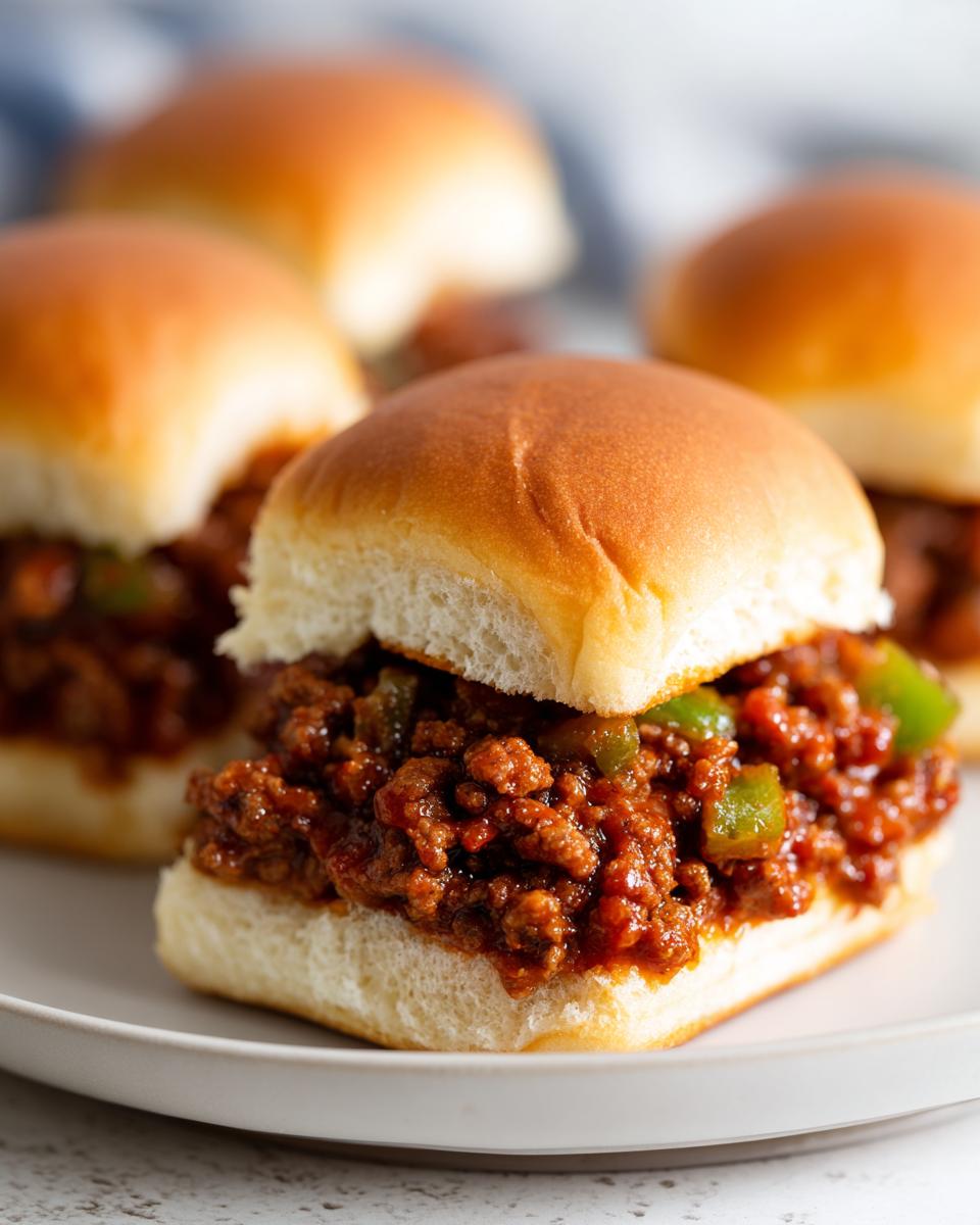 Close-up of several Sloppy Joe sliders on a white plate, filled with seasoned ground beef and green peppers.