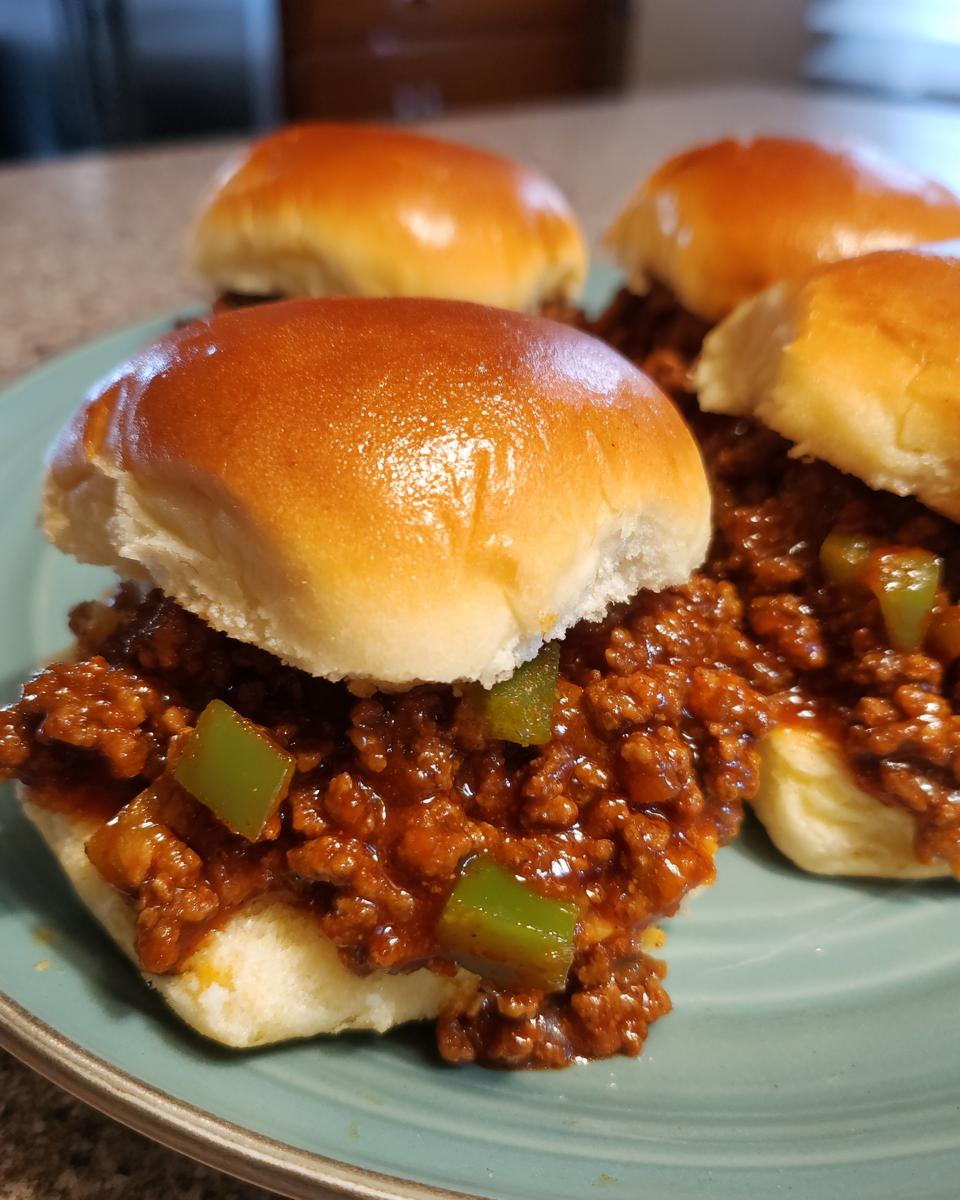 Close-up of four Sloppy Joe sliders on a blue plate, featuring ground beef, sauce, and soft buns.