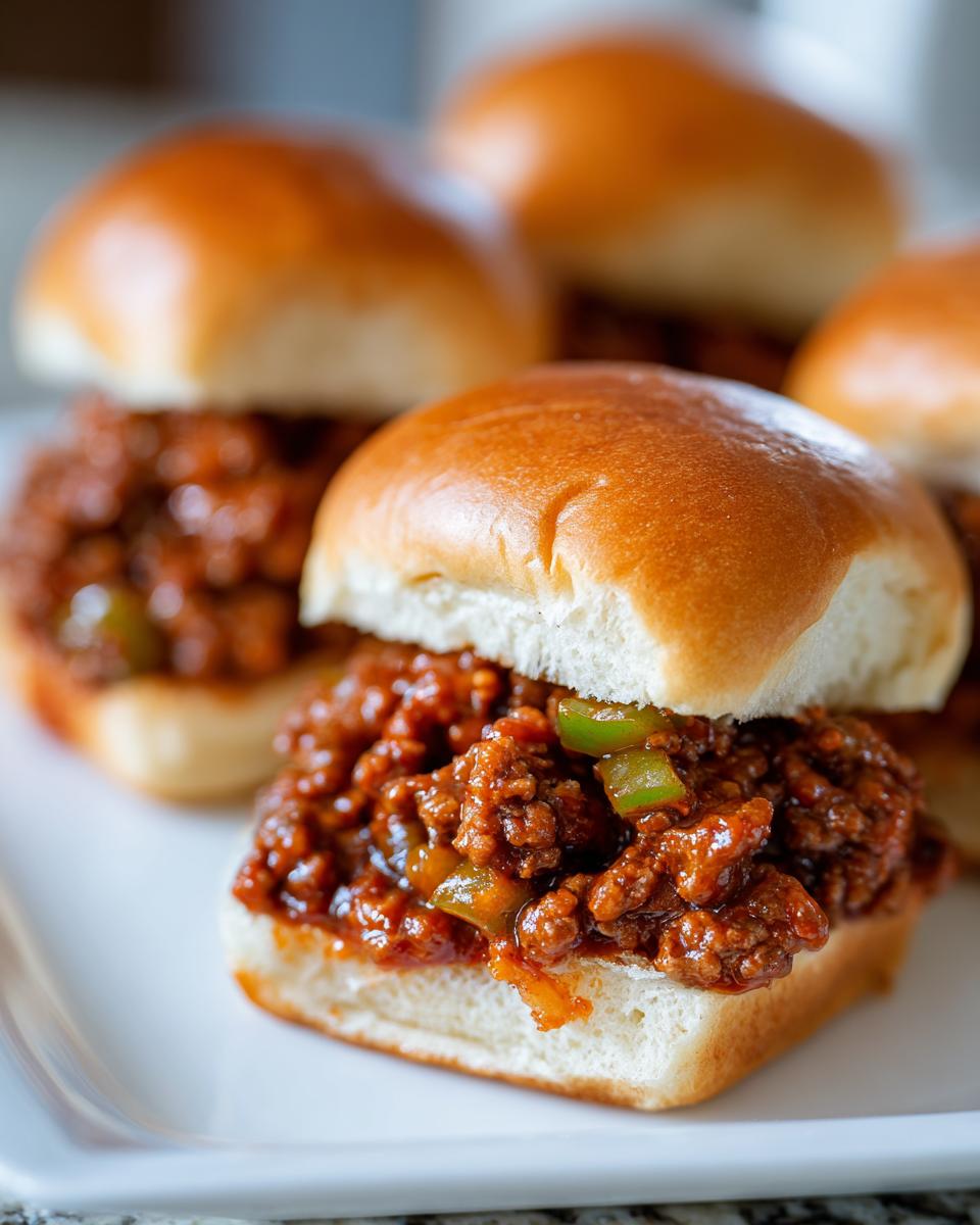 Close-up of several Sloppy Joe sliders on a white plate, perfect for a game day snack.