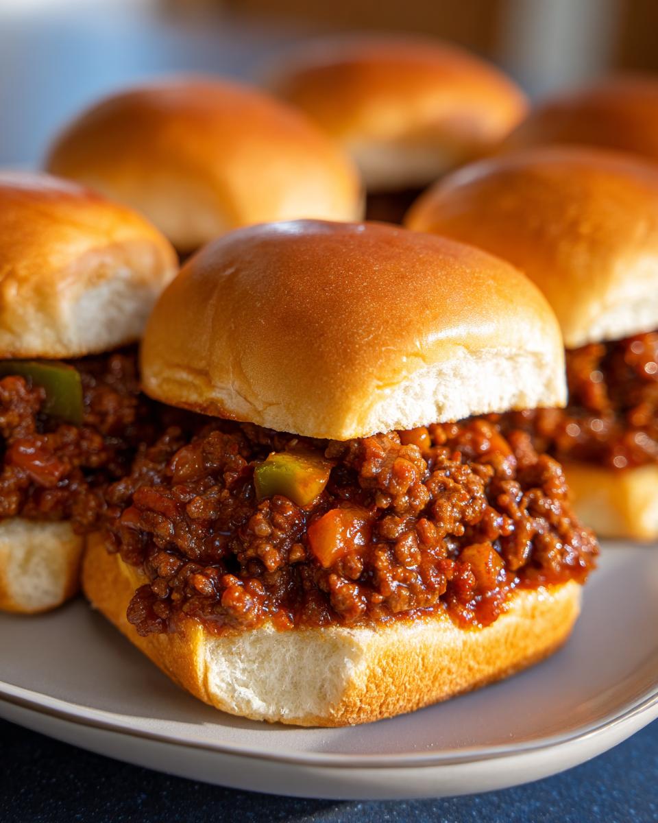 A close-up of several Sloppy Joe sliders on a plate, showcasing the saucy meat filling and soft slider buns.