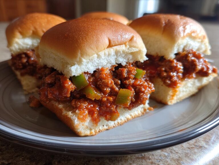 A plate of delicious Sloppy Joe sliders, featuring ground beef, sauce, and green peppers on slider buns.