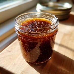 A jar of homemade slow cooker apple butter sits on a wooden surface, lit by natural light.