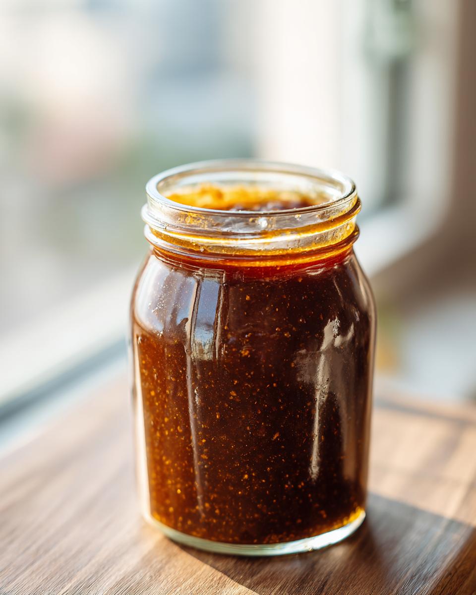 A jar filled with homemade slow cooker apple butter, sitting on a wooden surface near a window.