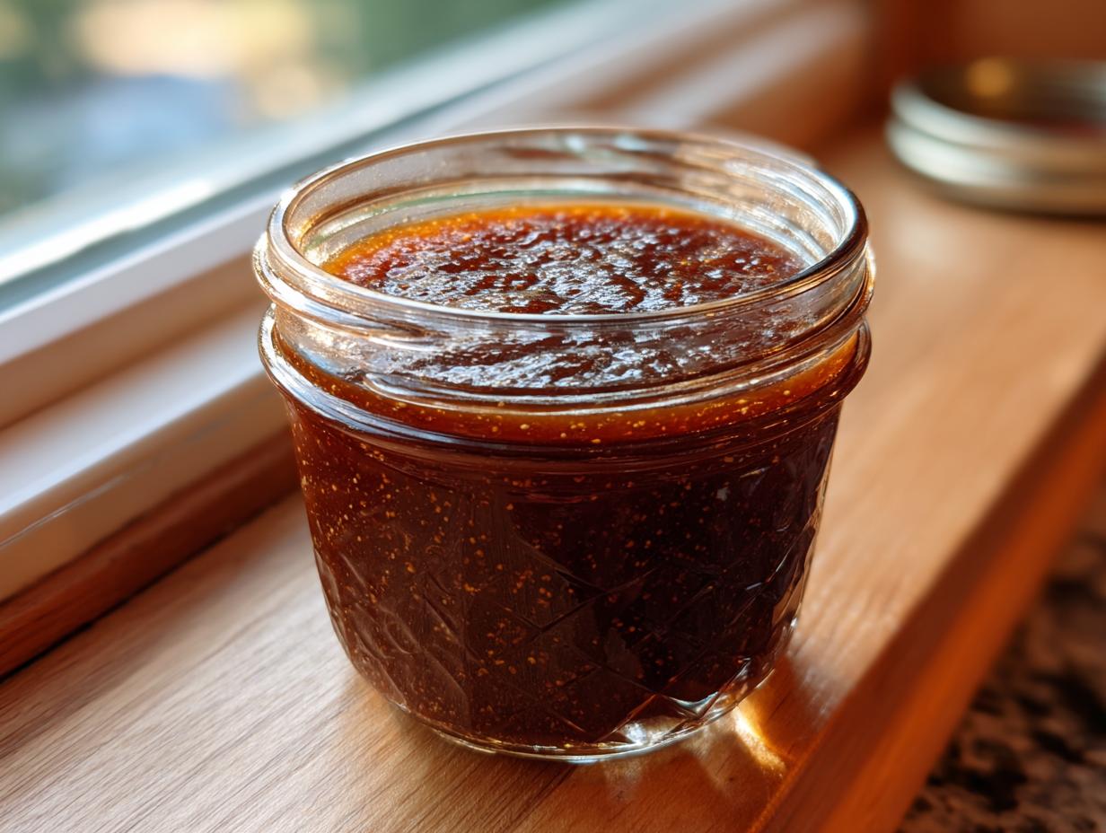 A jar of homemade slow cooker apple butter sits on a wooden surface near a window.