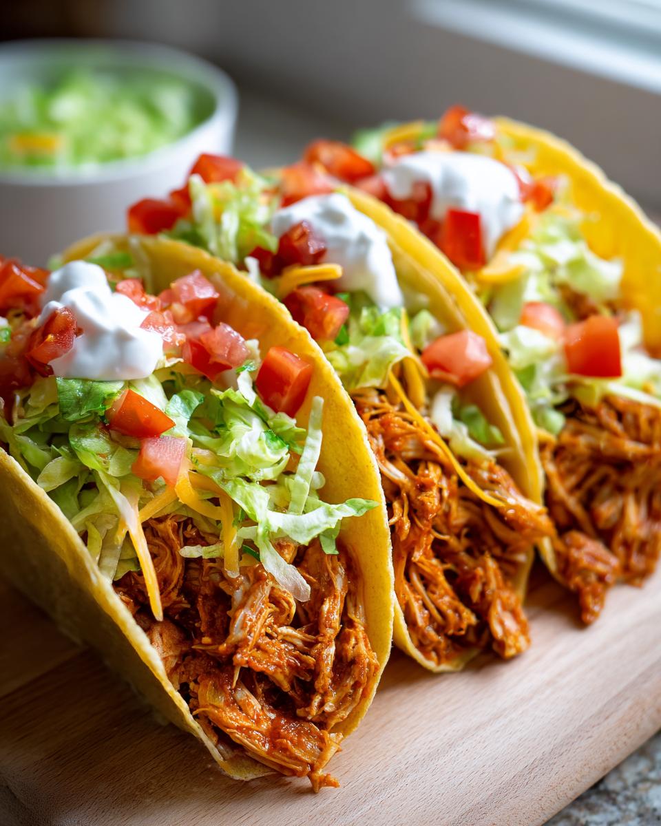 Three Slow Cooker Chicken Tacos filled with shredded chicken, lettuce, tomatoes, cheese, and sour cream.