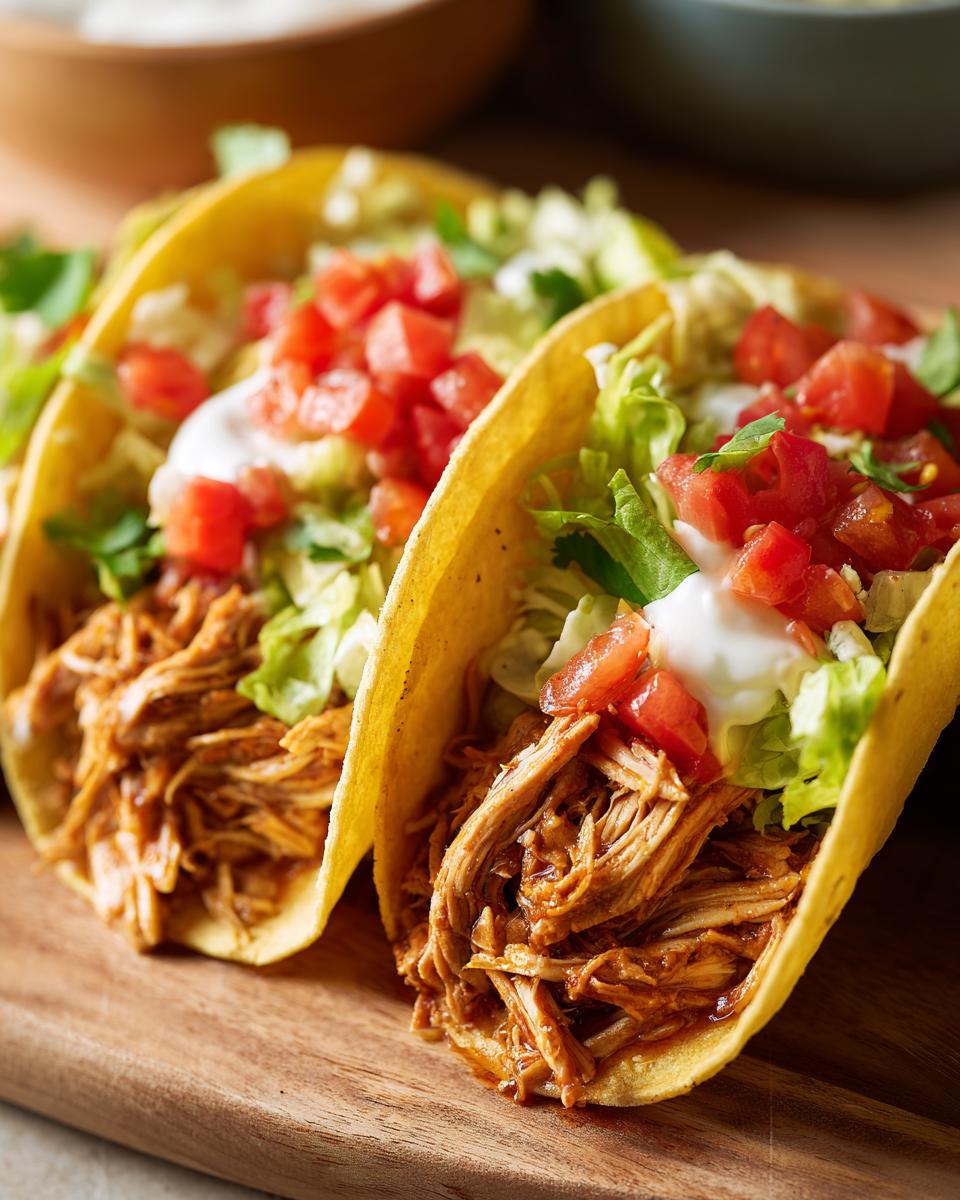 Two Slow Cooker Chicken Tacos filled with shredded chicken, lettuce, tomatoes, and sour cream on a wooden board.