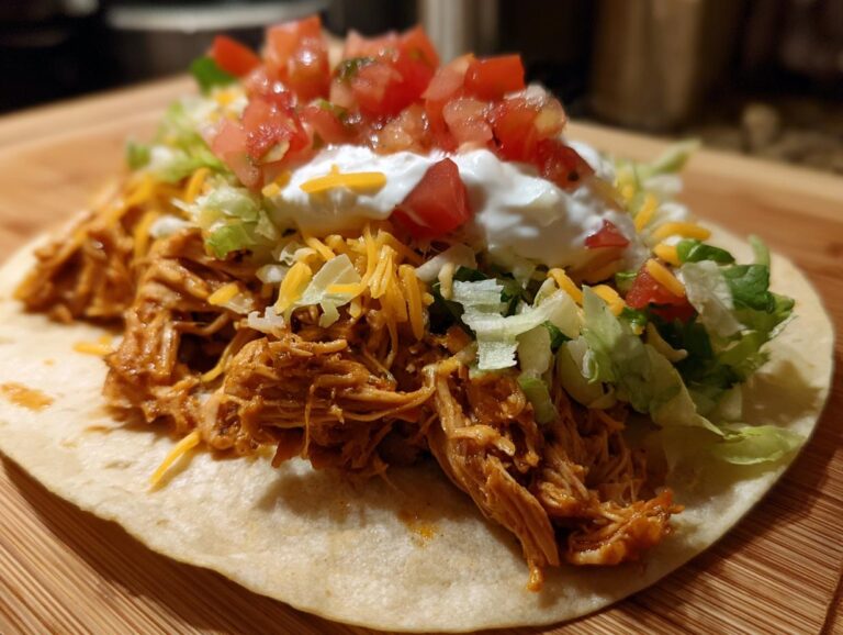 Close-up of a Slow Cooker Chicken Taco with shredded chicken, lettuce, cheese, sour cream, and pico de gallo.