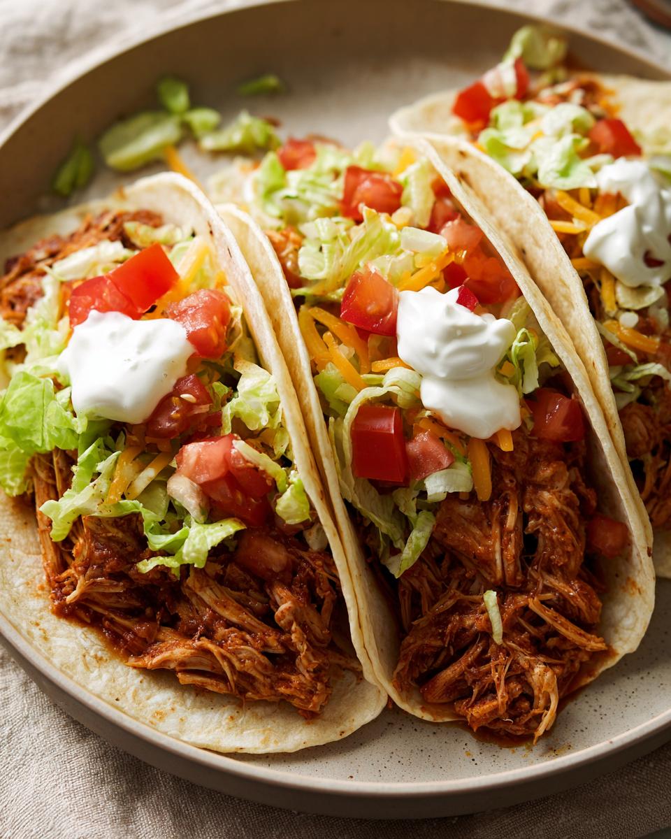 Three Slow Cooker Chicken Tacos on a plate, topped with lettuce, tomatoes, cheese, and sour cream.