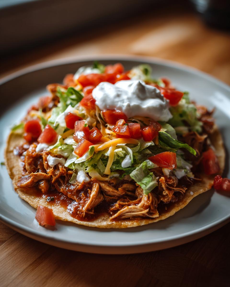 A fully loaded tostada featuring slow cooker chicken tacos, lettuce, tomatoes, cheese, and sour cream.