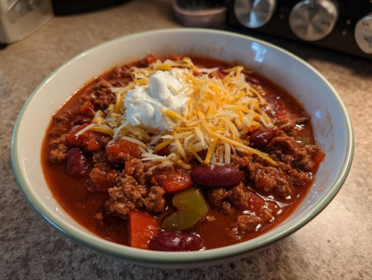 A bowl of slow cooker chili topped with shredded cheese and sour cream.