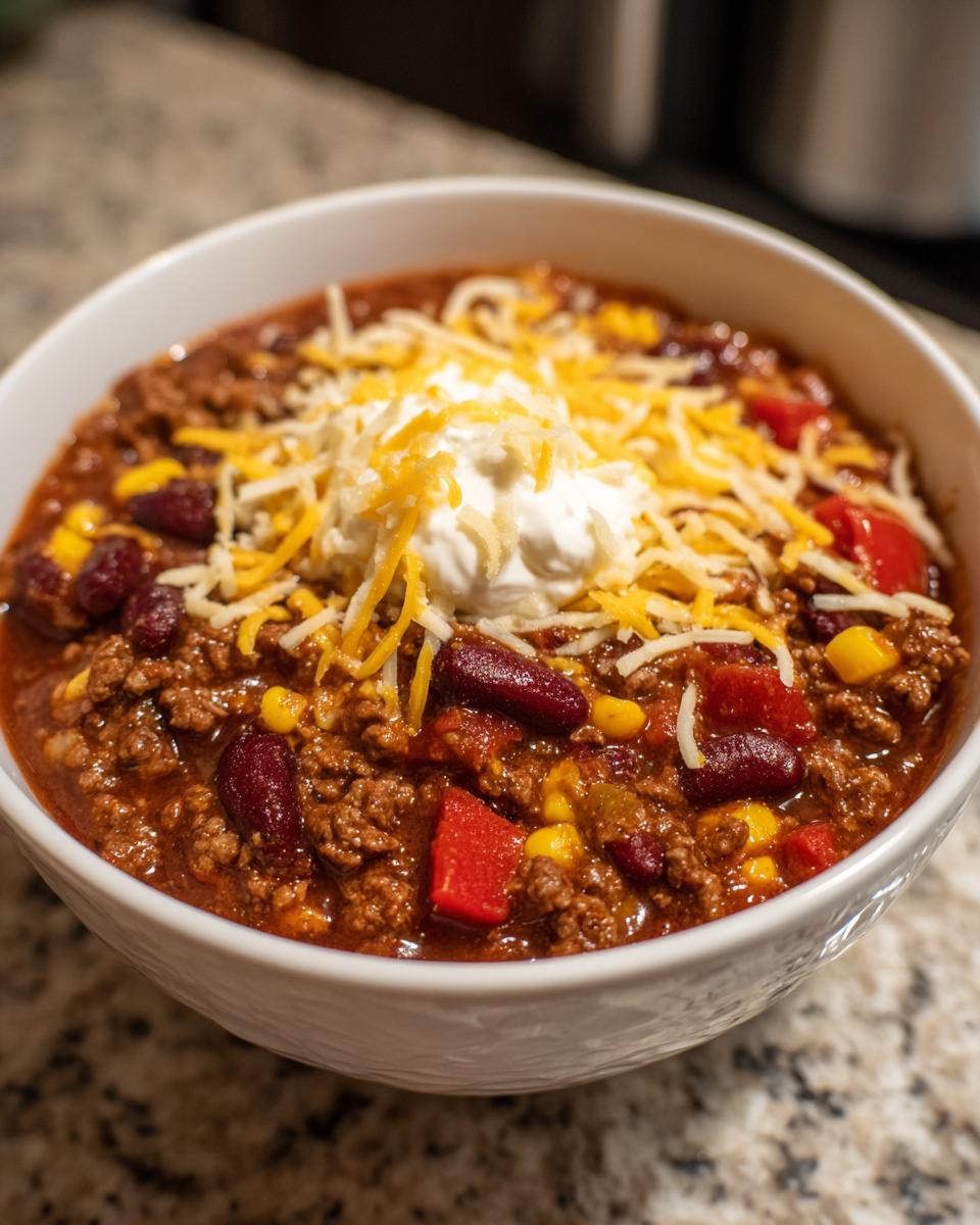 A bowl of slow cooker chili topped with sour cream and shredded cheese, featuring kidney beans, corn, and red bell peppers.