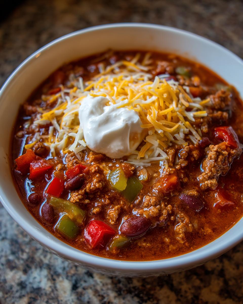 A bowl of slow cooker chili topped with shredded cheese and sour cream.