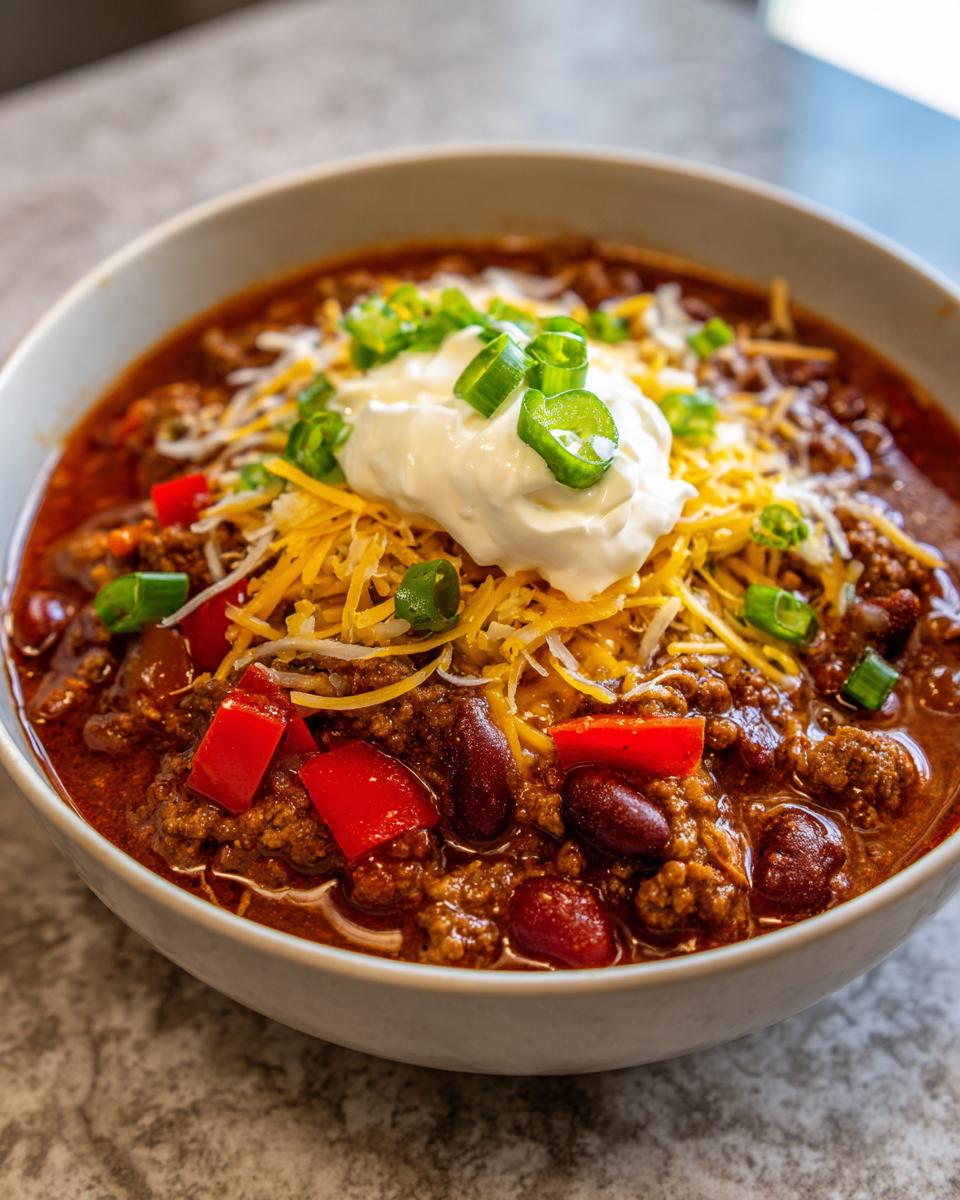 A bowl of slow cooker chili topped with sour cream, shredded cheese, and green onions.