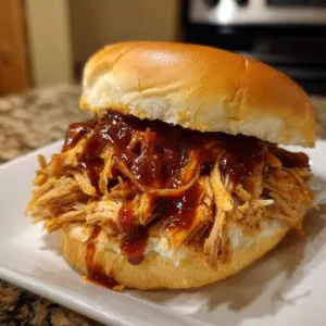 Close-up of a delicious slow cooker pulled pork sandwich with barbecue sauce on a bun.