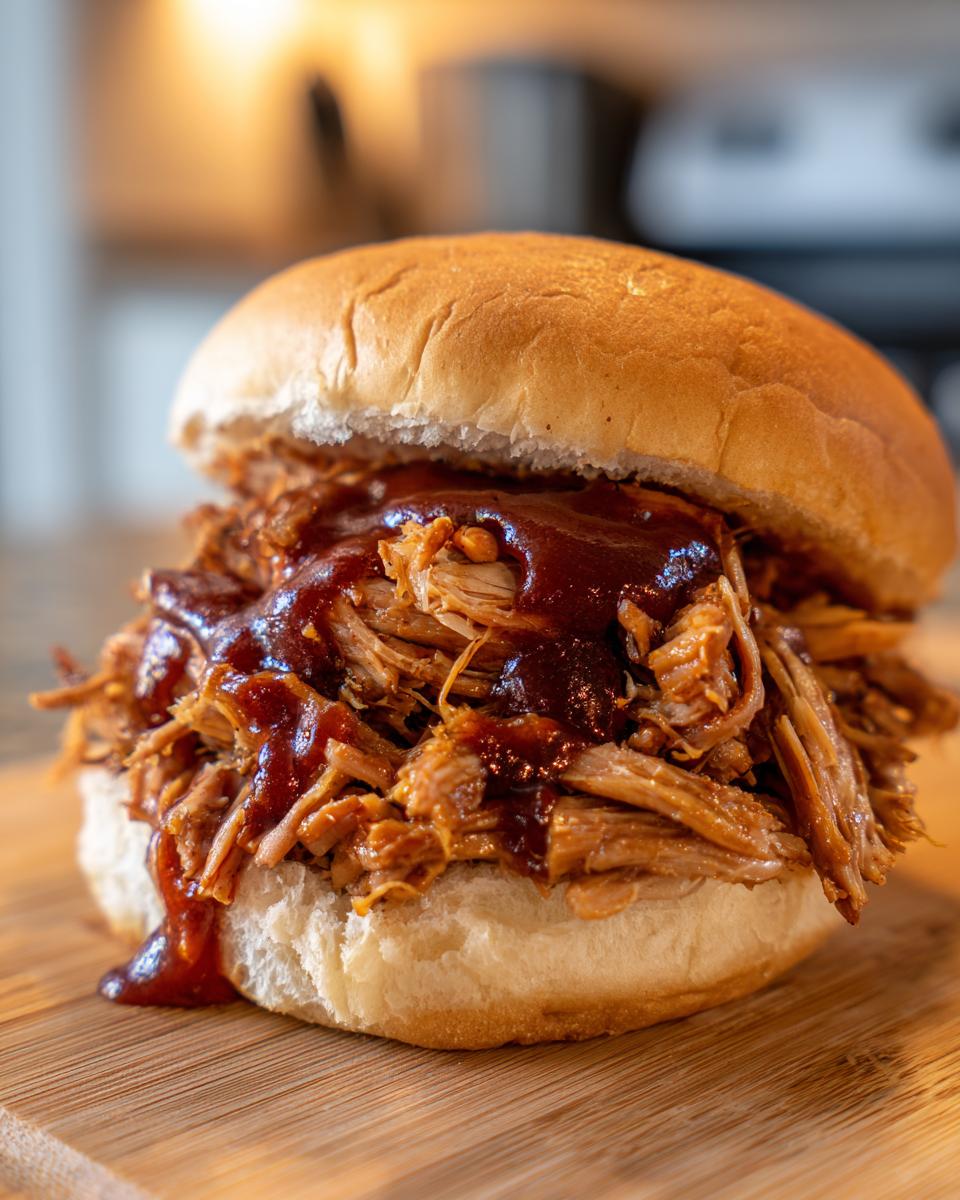 Close-up of a slow cooker pulled pork sandwich with barbecue sauce on a wooden board.