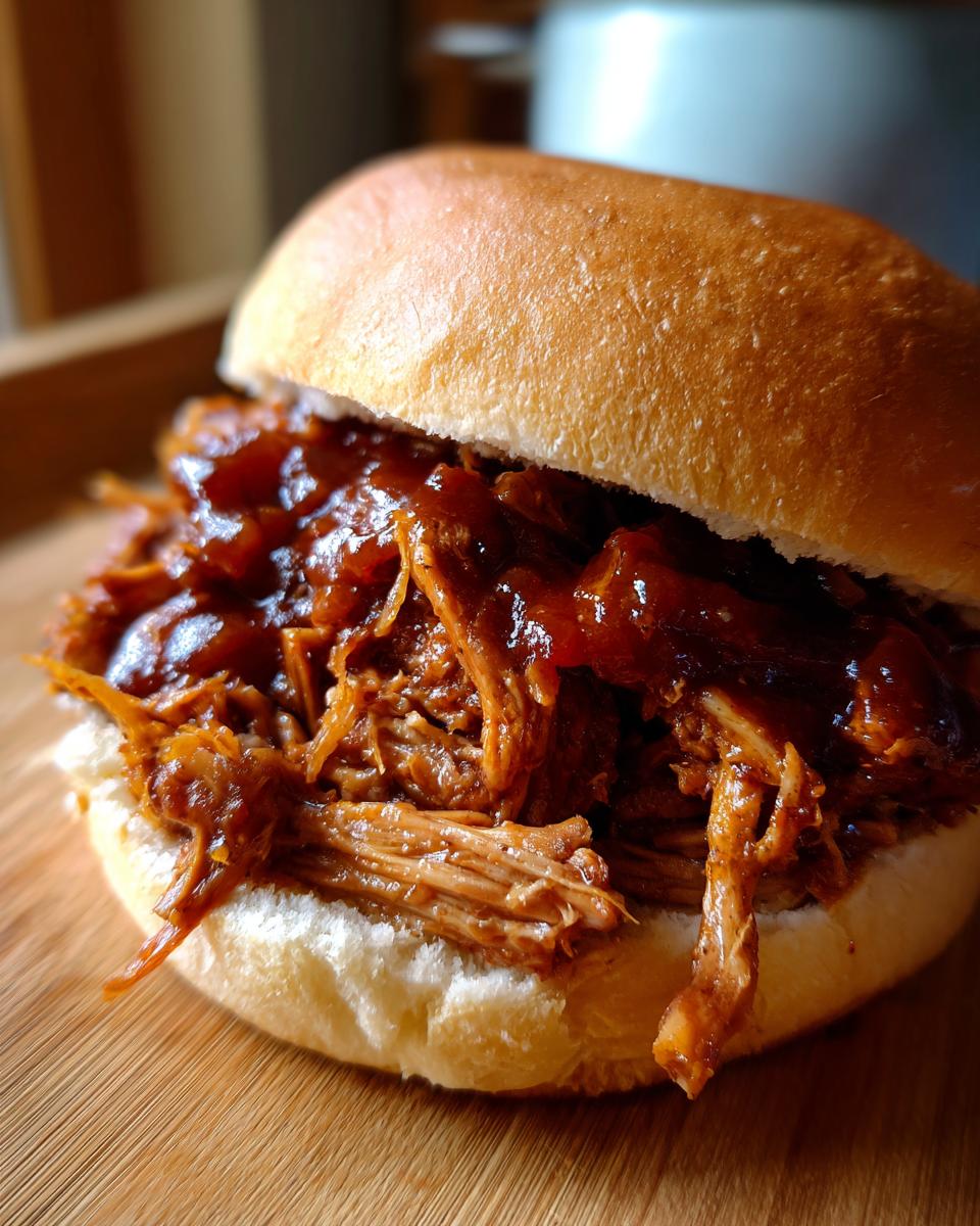 Close-up of a slow cooker pulled pork sandwich on a bun, overflowing with saucy, shredded pork.