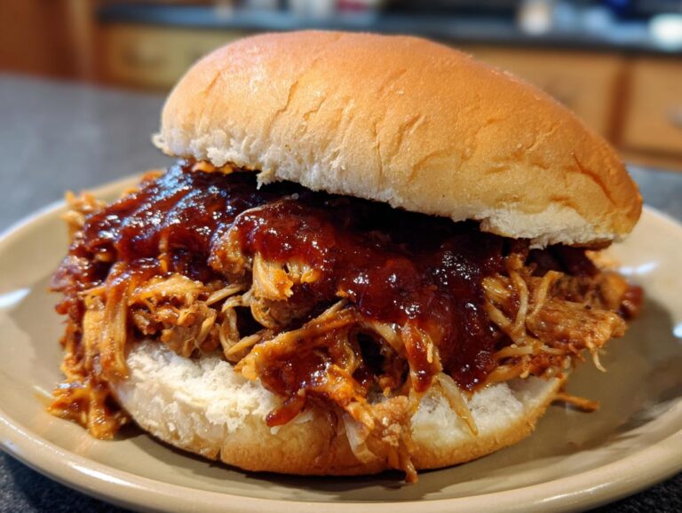 Juicy slow cooker pulled pork sandwich on a bun, smothered in barbecue sauce.