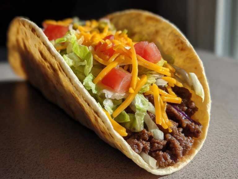 Close-up of a loaded Smashburger Taco with ground beef, lettuce, tomato, and shredded cheese in a crispy shell.
