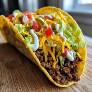Close-up of a loaded Smashburger Taco with ground beef, lettuce, cheese, tomatoes, and creamy sauce in a crispy shell.