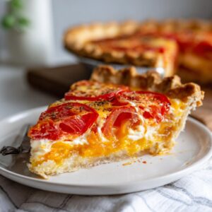A delicious slice of Southern tomato pie with flaky crust, ripe tomatoes, and creamy filling.