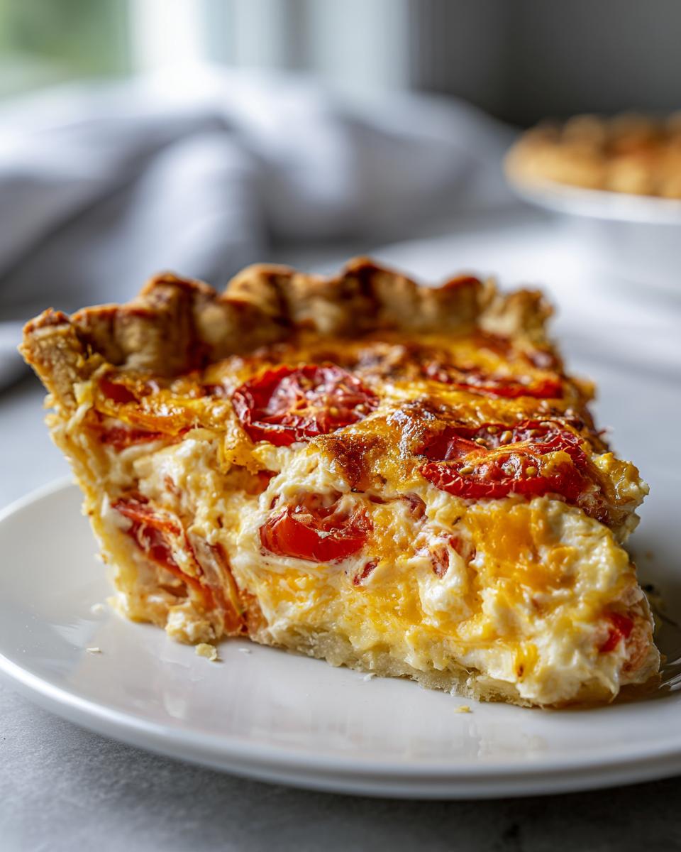 A delicious slice of Southern tomato pie with a flaky crust, creamy filling, and ripe tomatoes on a white plate.